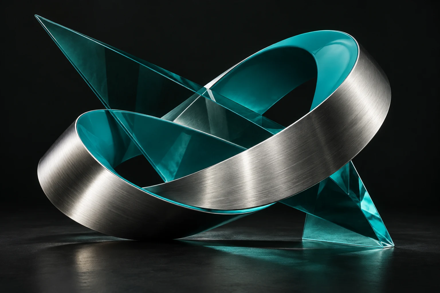 Teal and brushed-chrome sculpture interlocking with translucent planes