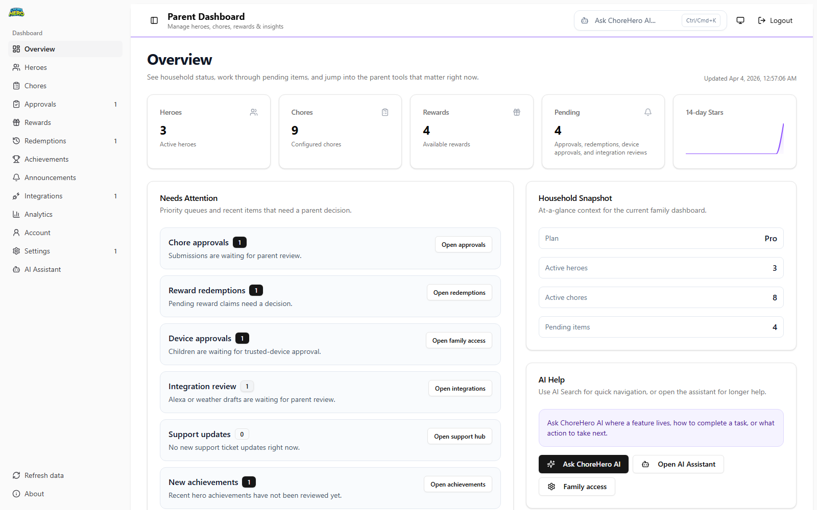 ChoreHero parent dashboard showing household chores and family progress